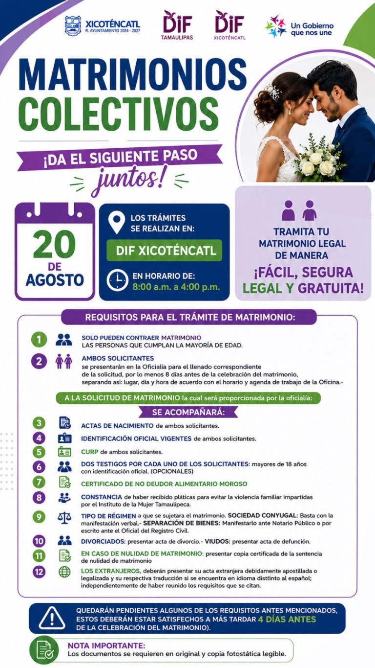 Abren registro para la campaña de Matrimonios Colectivos en Xicoténcatl