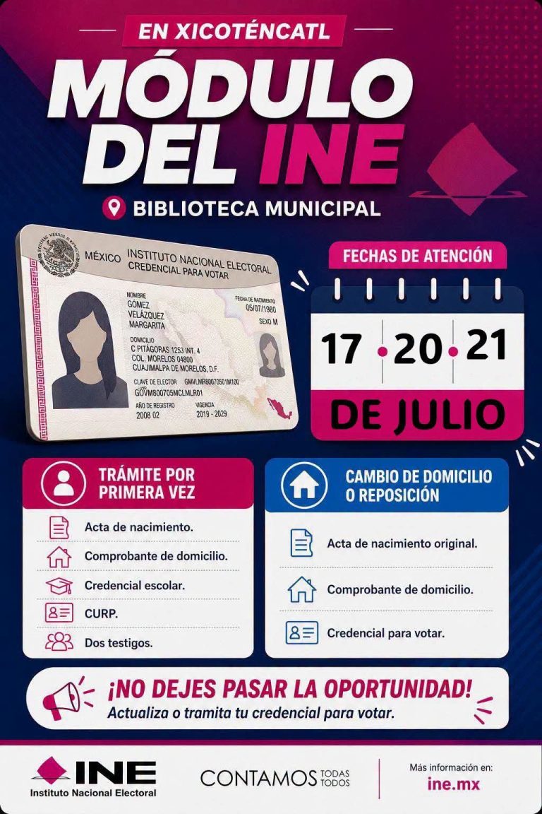​Módulo del INE atenderá en Xicoténcatl del 17 al 21 de julio